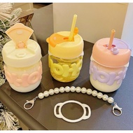 HoHo Glass Cup with Free Straw and Pearl Rope Unique, Viral, Cute, and Beautiful Glass/ Pearl Hoho G