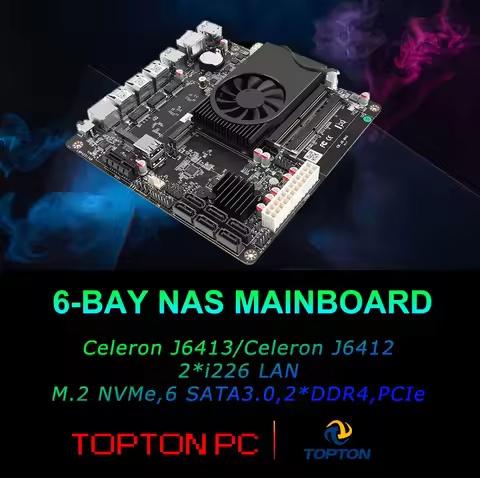 6-Bay NAS Mainboard Intel Celeron J6413 J6412 2*Intel i226-V 1*RTL8125BG 2.5G LANs 2*NVMe 6*SATA3.0 