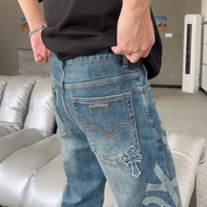 VWTV Chrome Hearts Vintage Embroidered Cross New Washed Unisex Jeans High Street Casual Loose Long P