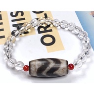 Tibetan Dzi Beads Water Patterns Dzi Beads With Clear Quartz Bracelet 藏传老矿水纹天珠配白水晶手链 27.6x13.4mm