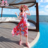 Váy Dài Không Tay Cổ Chữ V Bohemian Beach Dress Cho Nữ Mùa Hè Váy Midi Xếp Ly Cạp Chun in Họa Tiết H
