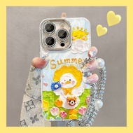 適用蘋果16promax羽紗手機殼13油畫小黃鴨手鍊15帶支架14可愛卡通 精孔羽纱壳-银色-小黄 vivo x100 ultra