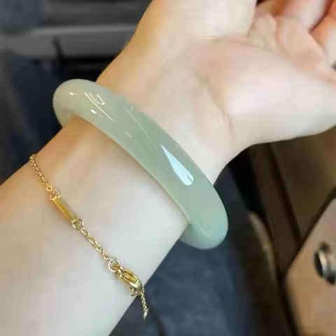 Natural blue white jade bracelet women thick round strip Hetian jade clear water bracelet genuine je