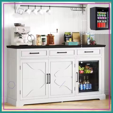60" Farmhouse Coffee Bar Cabinet with Built-In Beverage Fridge, Wine Storage, Drawers - White