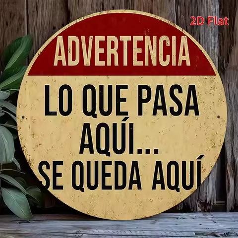 2D Flat, 1pc 1pcs Vintage "What Happens Here Stays Here" Spanish Humor Quote Sign - Round Wall-Mount
