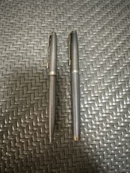 Parker 75 Ciselé 經典格仔紋 925純銀對筆套裝（14K金尖鋼筆 + 原子筆）絕版美產