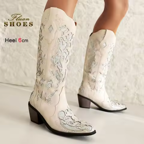 2026 Western Cowboy Boots Women's Knee Length Boots Rhinestone Hollow Out Floral Coarse Heel Long Bo