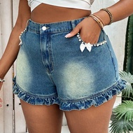 Plus Size Ripped Denim Shorts With Lace Trim, Blue Summer Vacation Woman 90s Spring For Women Y2k Co