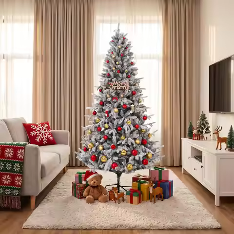 6ft/7.5ft Pre-Lit Flocked Christmas Tree With 400 Warm White Leds, 1026 Tips, Hinged Snowy Artificia