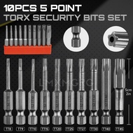 5 Point Security Torx Bit Set 10pcs Star Bits Set Screwdriver Magnetic S2 Alloy Steel With 1/4" Hex 
