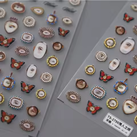Vintage Oil Painting Eyes Skull Design 5D Embossed Reliefs Self Adhesive Nail Art Stickers Butterfly