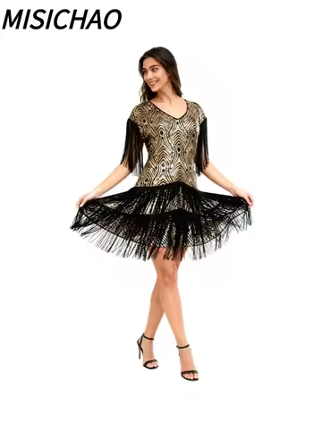 MISICHAO Best Seller 1920s Gatsby Style Sequin Fringe Dress for Women Vintage Glitter Tassel Party C