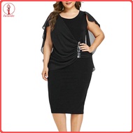 fulaide O-Neck Short Sleeve Chiffon Shawl Pleated Decor Women Dress Solid Color Plus Size Pencil Dre