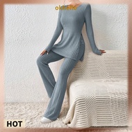 [Okhello.sg] Women 2 Piece Loungewear Outfits Solid Color 2 Piece Matching Set Loungewear Set