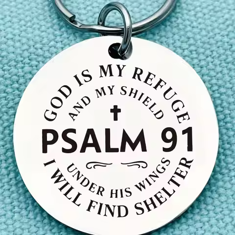 1 Stainless Steel Inspirational Keychain - Psalm 91 Bible Verse, Round Letter Theme Key Ring with Cl