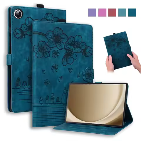 Case For Samsung Galaxy Tab A9 Plus 11 inch Cover Emboss 3D Flower Cat Wallet Stand Cover For Galaxy