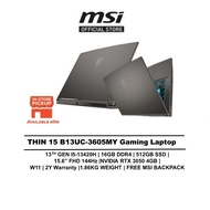 MSI LAPTOP THIN 15 AI GAMING (i5-13420H/16GB/512GB/15.6" FHD 144HZ/RTX 3050 4GB/W11/BAG/2YR) B13UC-3