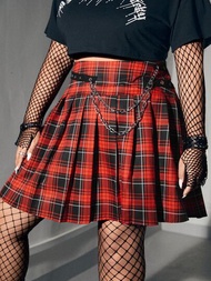 ROMWE Grunge Punk 大碼蘇格蘭格紋鏈條細節百褶半身裙