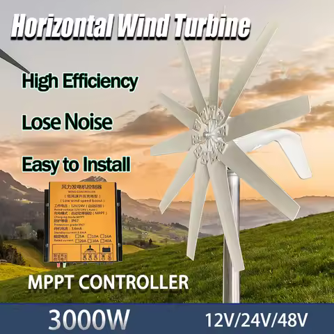 Low Noise High RPM 8Blades Horizontal Wind Turbine Electric Power Generator 3000W 12V 48V Complete S