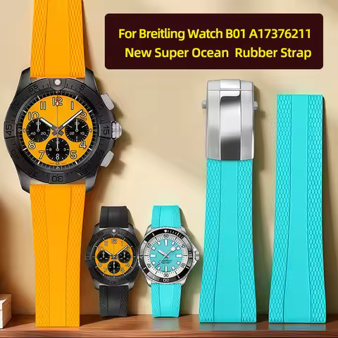 22x18mm For Breitling Watch Avengers Soft Rubber Strap B01 A17376211 New Super Ocean Watch Band Fold