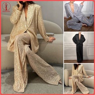 fulaide Women Sequin Shirt Pants Lapel V Neck Baggy Long Sleeve Mid Length Coat Wide Leg Oversized T