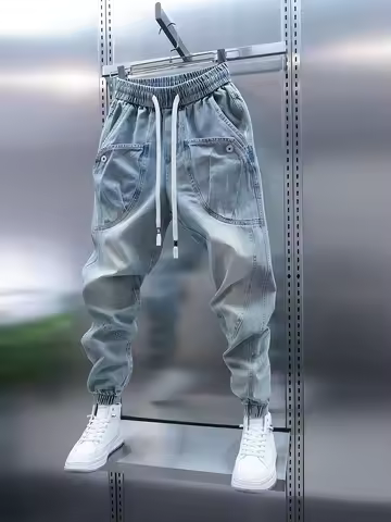 Waed Denim Jeans Men's Casual Harem Pants Big ket Light Blue Faionable Cuffed Leisure Trousers Breat