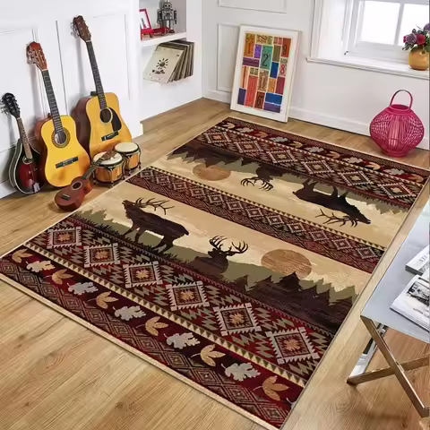 Rustic Wildlife Bear & Arrow Pattern Area Rug, Cabin Style Floor Mat for Living Room Bedroom Non-Sli