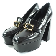 全新未使用 Sergio Roshi SR NORA 黑色粗跟皮革高跟鞋，金色五金配件，尺寸 36.5，附防塵袋，義大利製造。