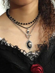 ROMWE Goth 3入組復古哥德輕奢風項鍊：骷髏頸圈，鎖骨鏈，專屬黑色假珍珠項鍊套裝，適用於女士