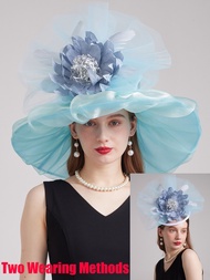 ผู้หญิง Organza หมวกสีแดงงานแต่งงาน Fascinators สง่างามปีกกว้าง Fedora Kentucky Derby หมวกปาร์ตี้อย่