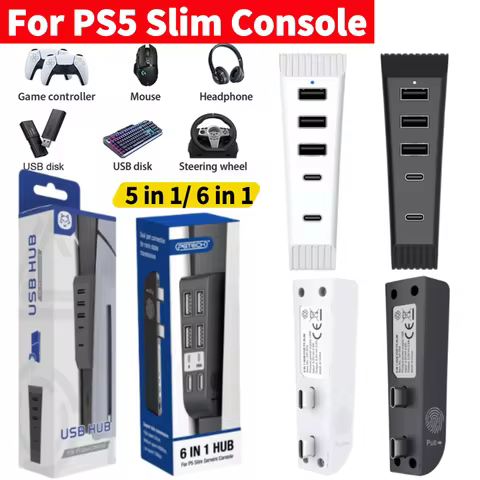For PS5 Slim Console Disc & Digital 5 in 1 USB Splitter Expander Hub with 3USB + 1 Type C Port+ 1Typ