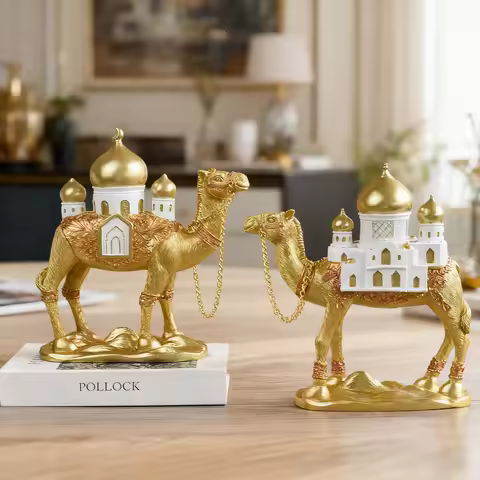 Ramadan Camel Figurine Decor Golden Resin Islamic Mosque Design Tabletop Ornament for Home Eid Mubar