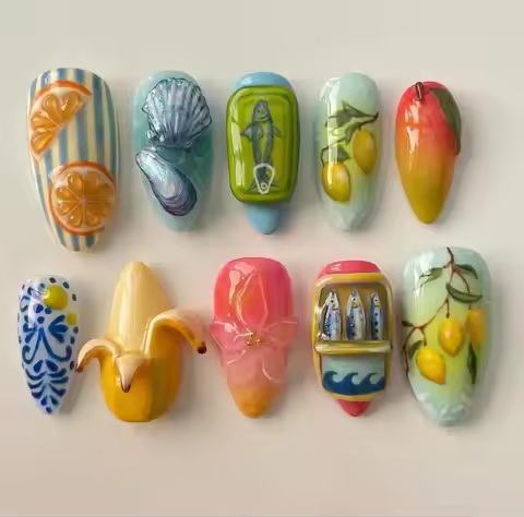 False Nails Handmade Press on Nails Sardines on Sunday Set Acrylics Nail 3D Banana Homemade Presson 