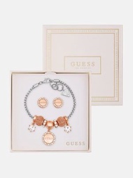 GUESS 混合色調網紋珠造型手鏈+耳環box set（銀色）手鍊