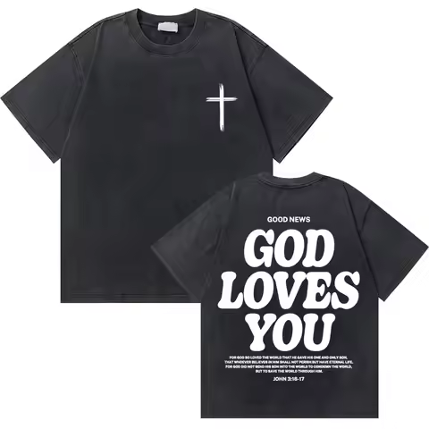 Washed Vintage Christian Jesus Good News God Loves You Bible Verse Graphic T-shirts Men Women Fashio
