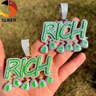 CLIBER 1PC 【With Chain】Iced Out Bling CZ Zircon Letter Green Enamel Fluorescence Rich Pendant Money
