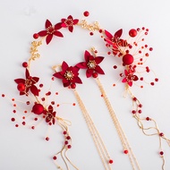 Set Aksesoris Pengantin Merah - Mahkota + Anting Rumbai Emas - Untuk Gaun Pesta & Foto Prewedding