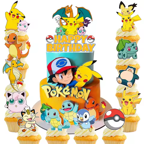 25 Pcs Pokemon Cake Toppers-Pokemon Cupcake Toppers&Large Pokemon Birthday Cake Topper for Pokemon B