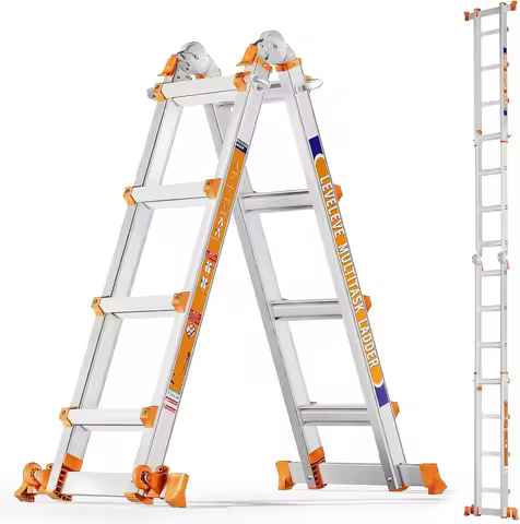 14FT Extension Ladder,A Frame 4 Step Ladder with Stabilizer Bar & Wheels,330 lbs Security Load Multi