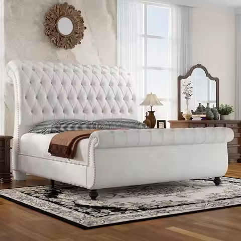 Velvet Upholstered Platform Sleigh Bed Frame with Scroll Headboard amp Footboard, Button Tufted Whit