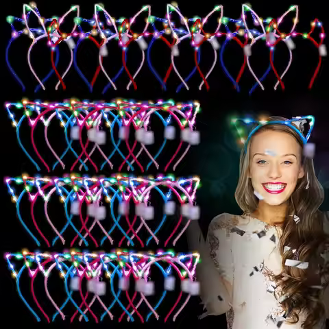 64 Pieces Light Up Cat Ears Headband Bunny LED Glow in Dark Animal Hairbands for Adult Birthday Rave