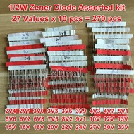 270Pcs 1/2W Zener Diode Assorted Kit 0.5W 27ค่า * 10Pcs 2V4 2V7 3V0 3V3 3V6 3V9 4V3 4V7 5V1 5V6 6V2 