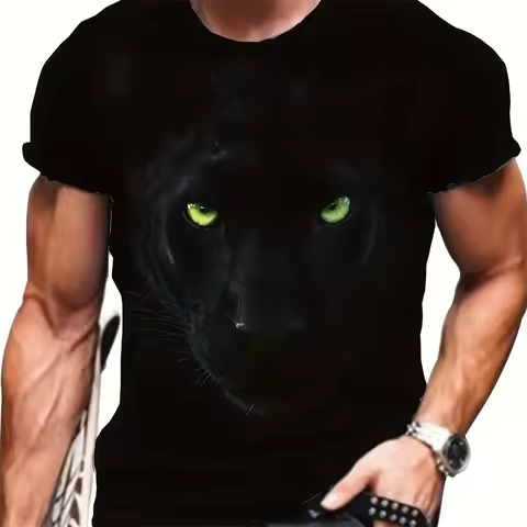 Men's 3D Black Panther Head Print T-Shirt Realistic Wildlife Graphic Tee Trend Casual Tops Animal Gr