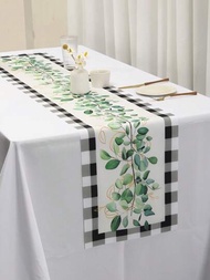 1 pieza de 35*180cm Corredor de mesa de poliéster con follaje de eucalipto, bandera de mesa - Decoración de granja a cuadros blancos y negros - Suministro para fiesta interior y exterior