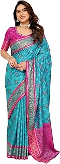 Women's Ajrak Patola Soft Litchi Silk Kanjivaram Banarasi Silk Saree With Unstitched Blouse Piece (P