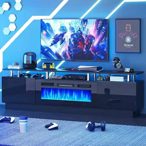 79" Wood TV Stand | Modern Media Console with 2 Drawers, 2 Cabinets & U-Shaped Mirrored Legs