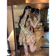 HRG STYLE | ชุดเดรสพิมพ์ลายสก็อตแบบคล้องคอ สไตล์แฟชั่นใหม่ฤดูร้อน