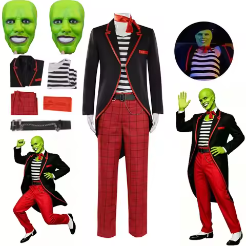 The Mask Cosplay Costume Stanley Ipkiss Horror Clown Black Tuxedo Suit Jim Carrey Mask Outfit Hallow
