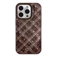 Casing for iPhone 17 16 15 14 13 12 11 Pro Max 17P 17PM Vintage Premium Brown Leather Pattern Grid S