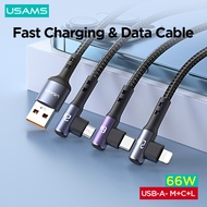 USAMS 3 in 1 66W 1.2M USB Type C Micro IP Fast Charge Data Elbow Game Cable For 1Phone15 iPd Android